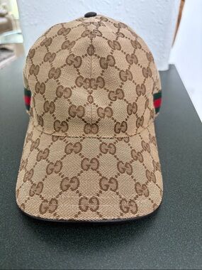 Gucci Brown GG Monogram Baseball Cap with Green & Red Web